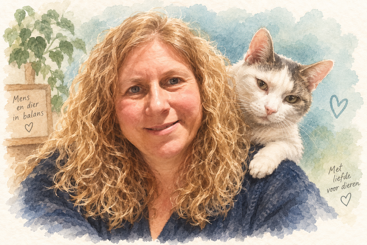 Portret van een vrouw met krullend blond haar, met een witte kat op haar schouder.